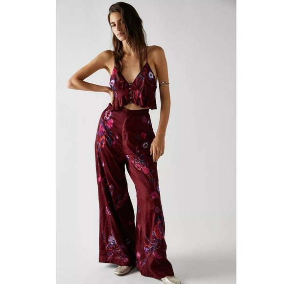 New Free People FP x Anna Sui Poppy Embroidered Pants Set $298 SIZE 2 Wine Silky - Picture 1 of 6